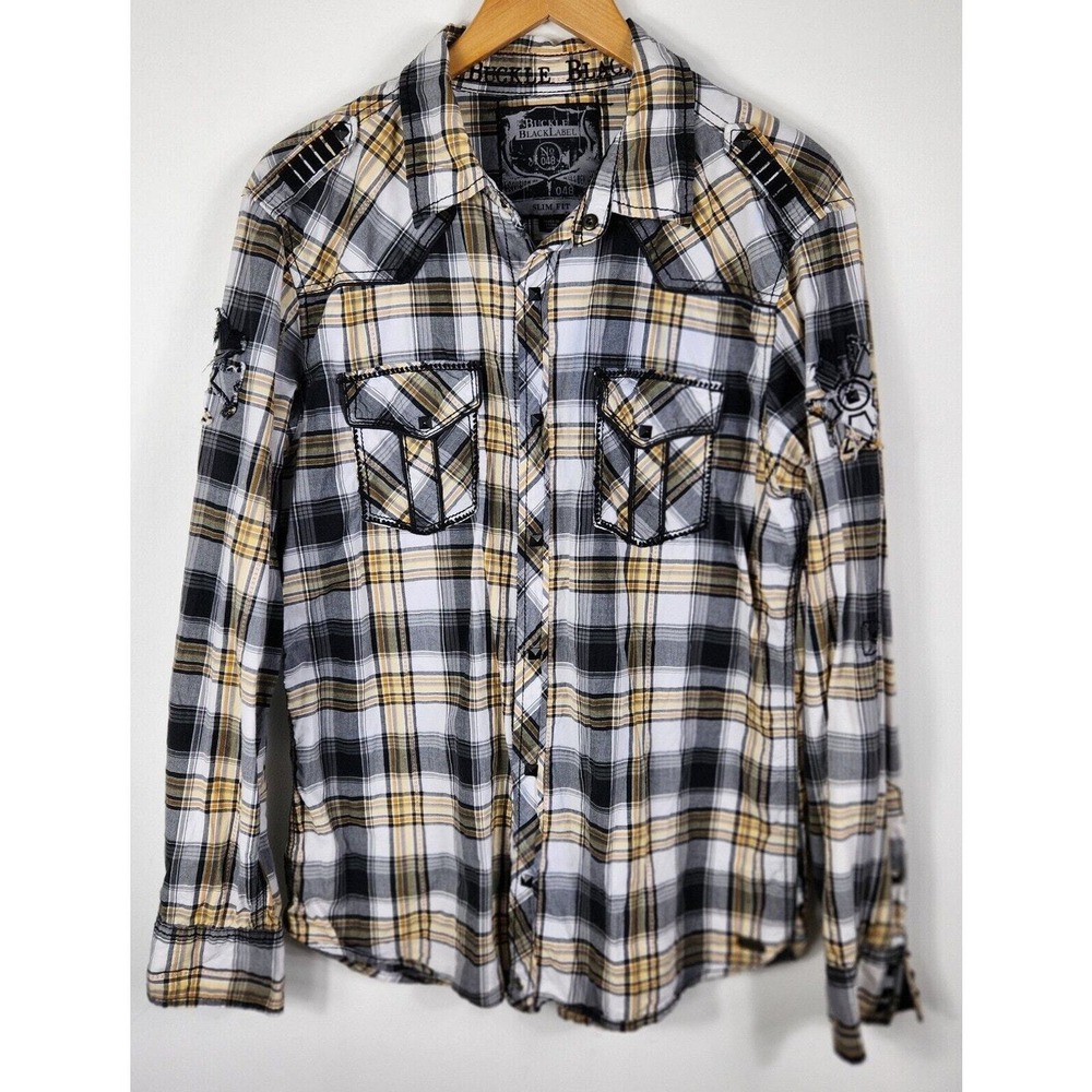 BUCKLE BLACK LABEL SLIM FIT WESTERN PLAID SHIRT MENS LARGE‎ Yellow Black